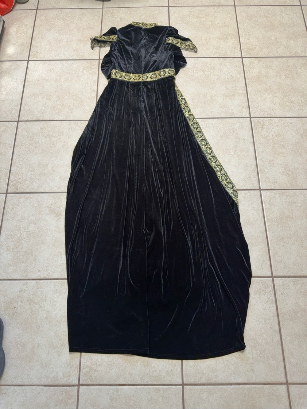 Black Velvet Maxi Dress with Gold Trim and High Collar - Picture 9 of 9